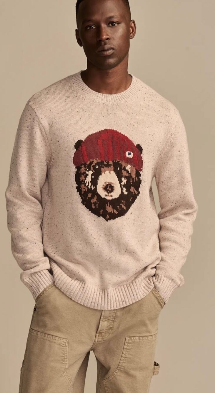 Lucky Brand Crew Neck Bear Intarsia Sweater Beige Men's L